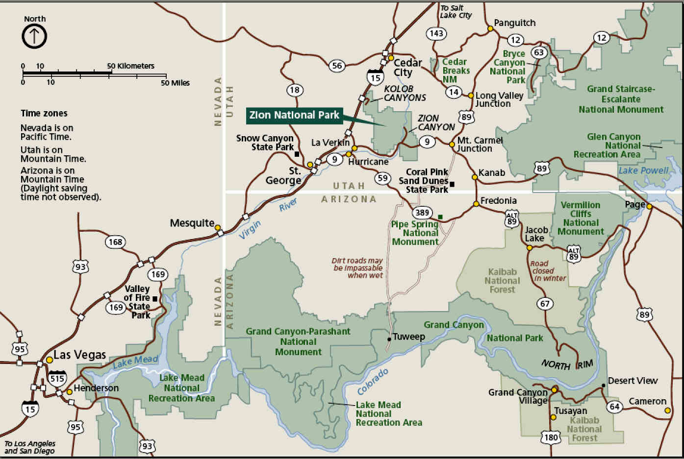 Национальный парк Зайон на карте штата Юта